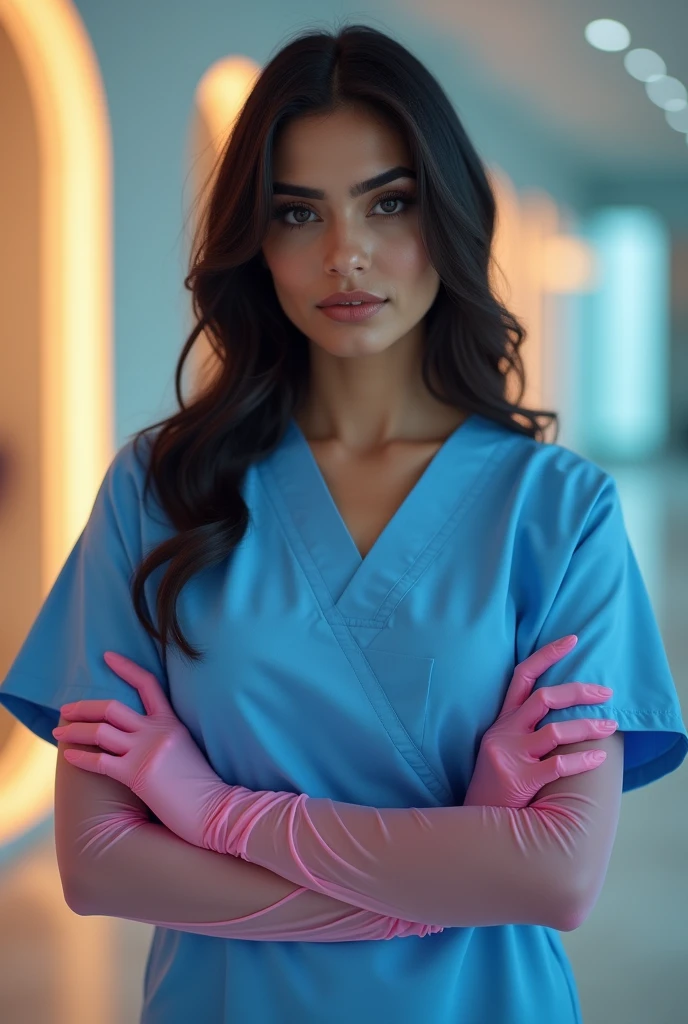 a beautiful pakistani woman in skin-tight blue medical scrubs, wearing see-through pink gloves, standing in an aesthetician clinic, smiling seductively, with large breasts, hyper-realistic, photorealistic, cinematic lighting, 8k, highly detailed, masterpiece, wide angel shot, far shot