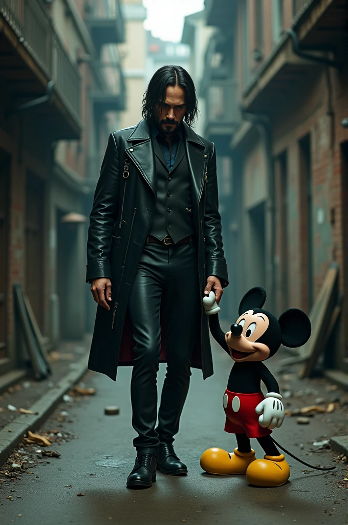 John Wick walking down an alley holding Mickey Mouse's hand