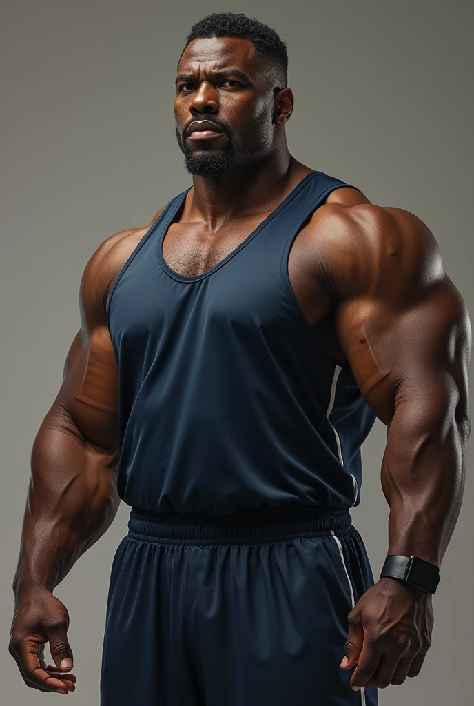 "He is a dark-skinned Black man with a strong and muscular build. His height commands respect, as he is a tall man. At 5, he remains in great physical shape, being a dedicated volleyball coach. His physique is large and athletic, and he sports a thin mustache that complements his strong and imposing appearance."