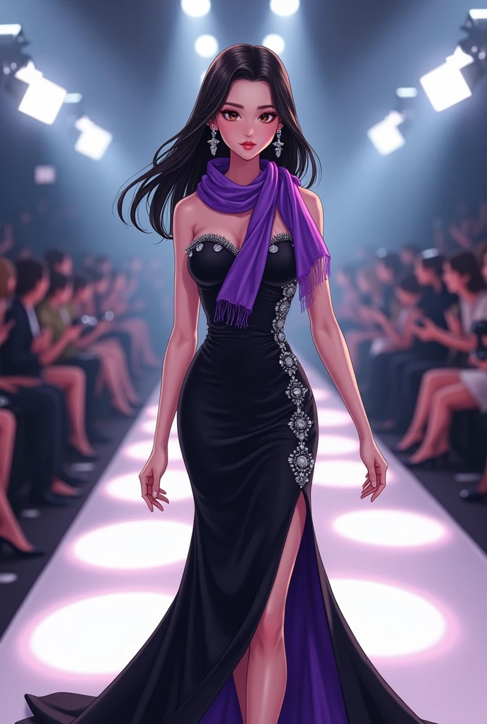 A detailed digital illustration of a beautiful woman, lipgloss, White skin, perfect make up, long black hair, pose model, Brown eyes, purple scarf, silver earrings, black dress with a tail and sparkles, background of a fashion catwalk, Flash, cameras and lights, perfect body, high quality, anime style