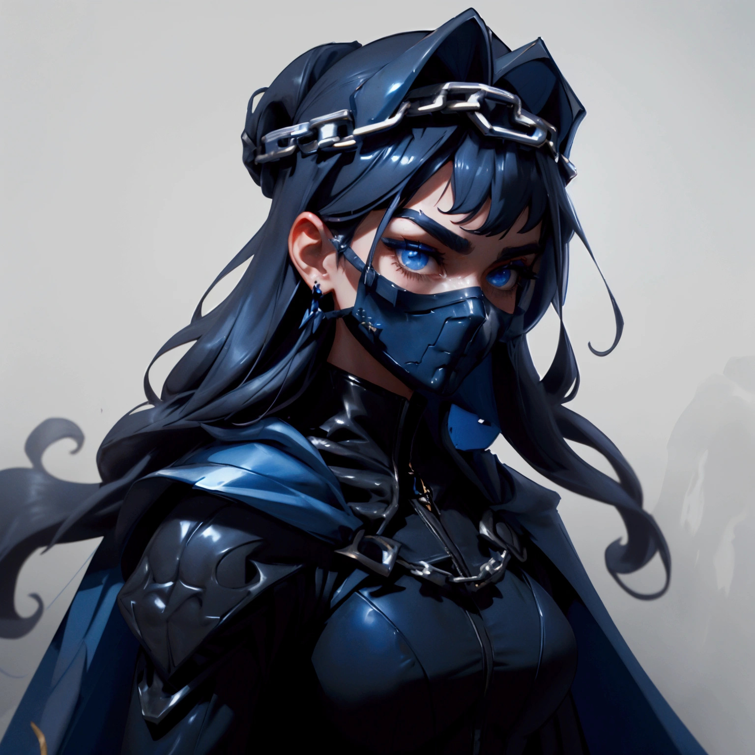 envision a 8k, highres, cinematic, close up beautiful portrait of an Big tall girl named Kronii Ouro with long dark blue hair in a bun, blue eyes, wrapped in chains, wearing a tight black superhero suit with a long flowing blue cape, a black helmet mask against a dark background