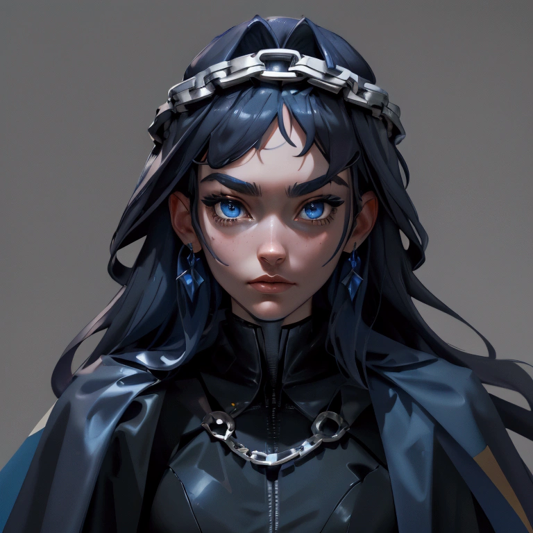 envision a 8k, highres, cinematic, close up beautiful portrait of an Big tall girl named Kronii Ouro with long dark blue hair in a bun, blue eyes, wrapped in chains, wearing a tight black superhero suit with a long flowing blue cape, a black helmet mask against a dark background