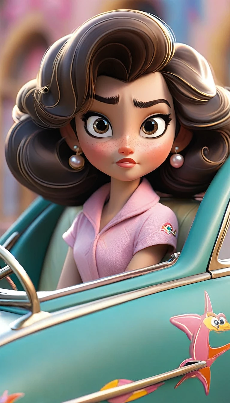 Penelope in her car, background of the classic crazy car track