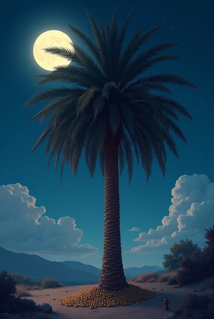 High quality image, best resolution, night time, there is date palm tree. With long leafs, full of dates, night time blue sky with gray clouds. Small stars and big white moon , mountain in the left side 