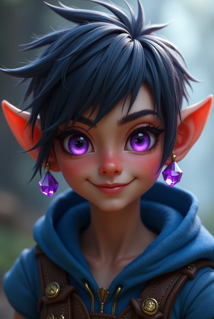 create the image of a gnome woman, Your hair is short, clear and rebellious, your tanned skin, your purple eyes, is smiling, your outfit is rpg rogue type&d, with blue hood, in her ear is an amethyst earring