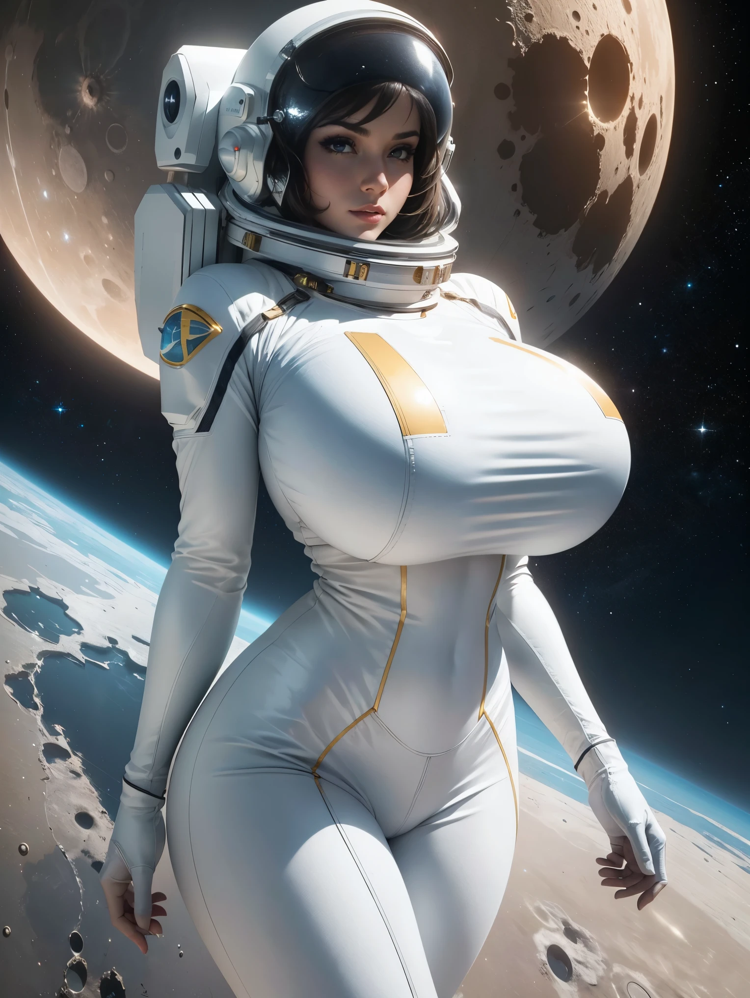 Gorgeous and sultry busty athletic (thin) astronaut with sharp facial features wearing a white space suit, opaque space helmet, gold visor, spacesuit, bodysuit, ray gun, jetpack, spaceship, 1960's, space, lunar surface, moon, earth rise, Earthrise, space, stars, American flag, huge boobs