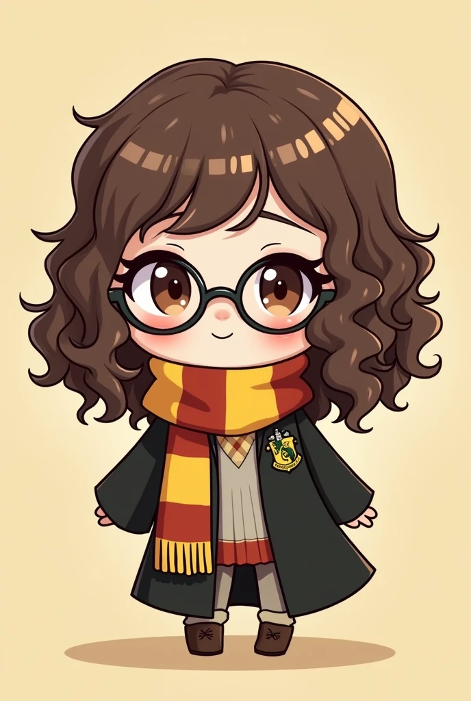 A chibi-style illustration of a 2 woman with curly, layered hair that falls to shoulder length. She has a warm brown skin tone and an oval face with large, prominent cheeks and full lips. Her eyes are big and brown, framed by black cat-eye glasses that add a stylish touch. She is dressed in a cute Hufflepuff outfit, including a black robe with yellow accents and a striped yellow-and-black scarf. The Hufflepuff crest is visible on her chest, and she has a cheerful and loyal expression, with the background kept simple and pastel-colored to emphasize her features.
