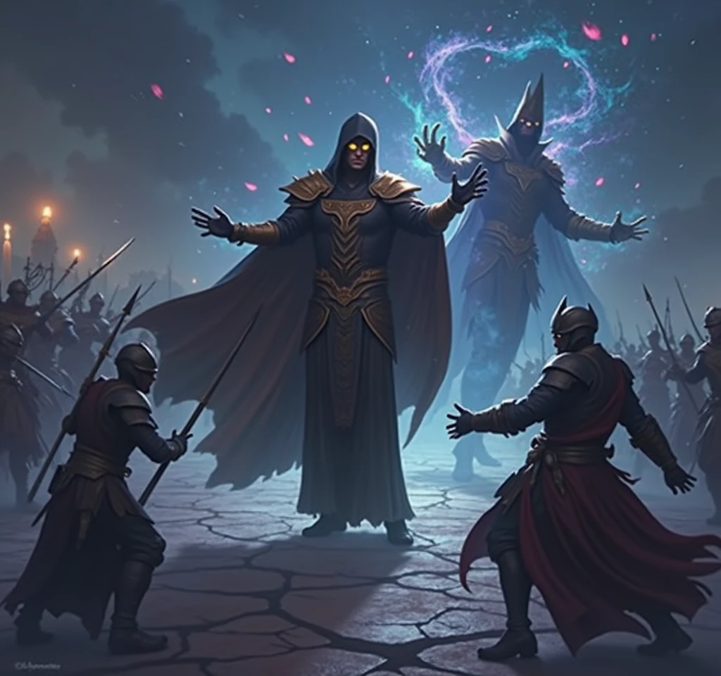 A cinematic, intense scene of a powerful wizard from the Magic Kingdom battling a dark sorcerer. The wizard casts a spell, sending a beam of bright energy towards the sorcerer, who counters with a swirling vortex of dark magic. The impact creates a shockwave, pushing back nearby soldiers and causing the ground to crack. Magical runes and symbols glow around them, adding to the mystic atmosphere. The background includes soldiers fighting and the sky filled with magical energies. High level of detail and realism to match cinematic quality, capturing the dynamic and powerful nature of the magical duel.