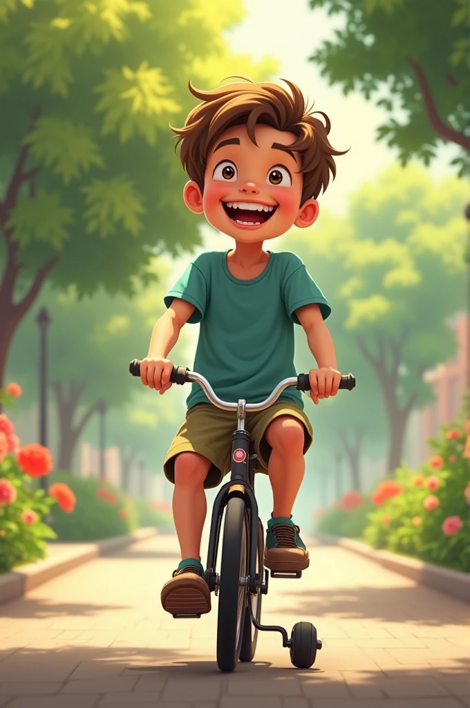 Create an image with these descriptions Character: A thin, white boy, with light brown hair and slightly spaced teeth. He is .Clothes: The boy may be wearing a colorful t-shirt (maybe blue or green) and short pants.Hair: Cut simply, with a slightly messy style.Action: He is happily riding a small bicycle , perhaps a bicycle with training wheels.Environment: It could be a park or a quiet street, with some trees and flowers in the background.Expression: The boy has a big smile on his face, showing enthusiasm and fun while pedaling.