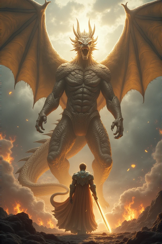 Archangel Michael fighting a 7-headed dragon