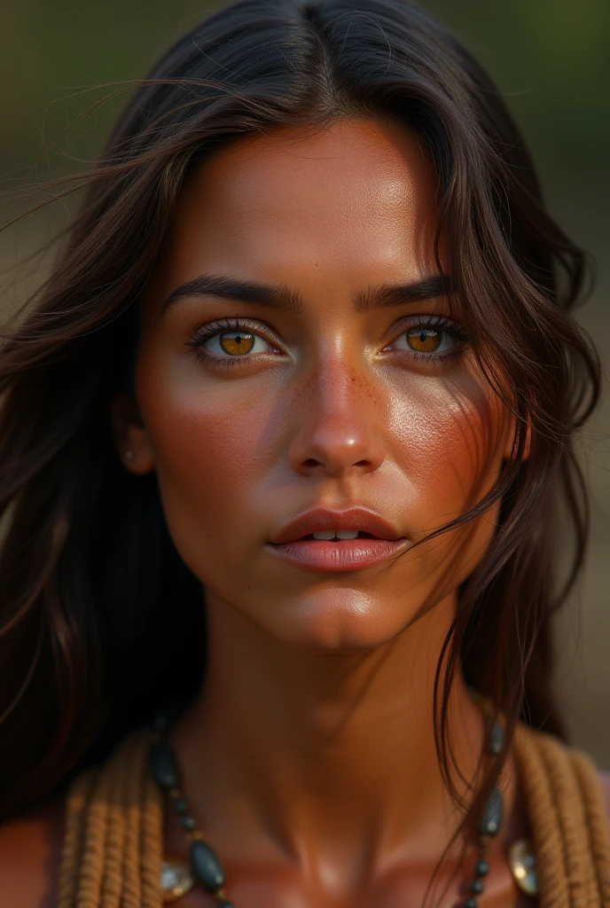An indigenous woman with reddish skin, brown hair and honey brown eyes