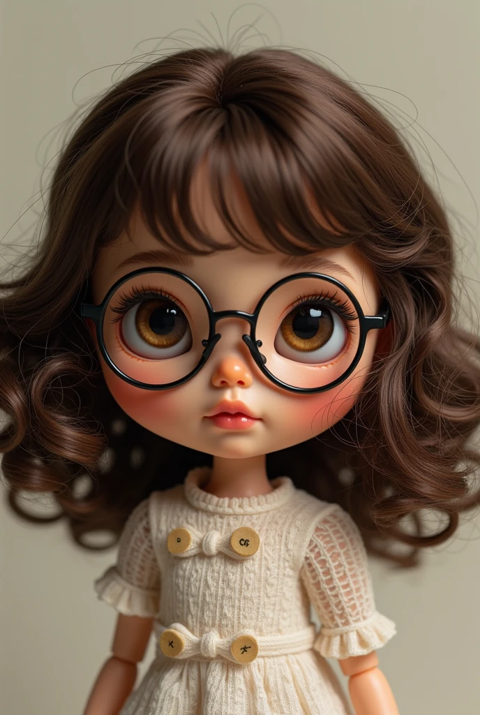 blythe doll medium curly hair brown whith glasses, with curly hair and slightly dark skin without bangs the bangs back with forehead