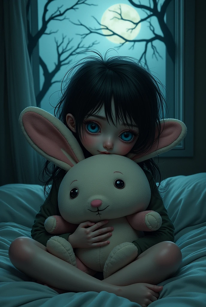 A girl with insomnia drawn in the style of Tim Burton hugging a stuffed rabbit