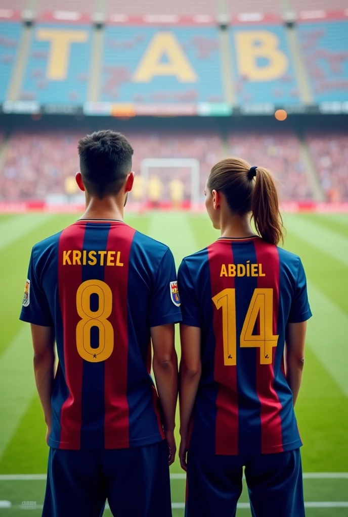 Woman and man from behind looking forward wearing the original Barcelona shirts with the numbers 8 and 14 with the names Kristel and Abdiel with the girl&#39;s hair tied to one side and jeans in a football stadium and the man without a beard 