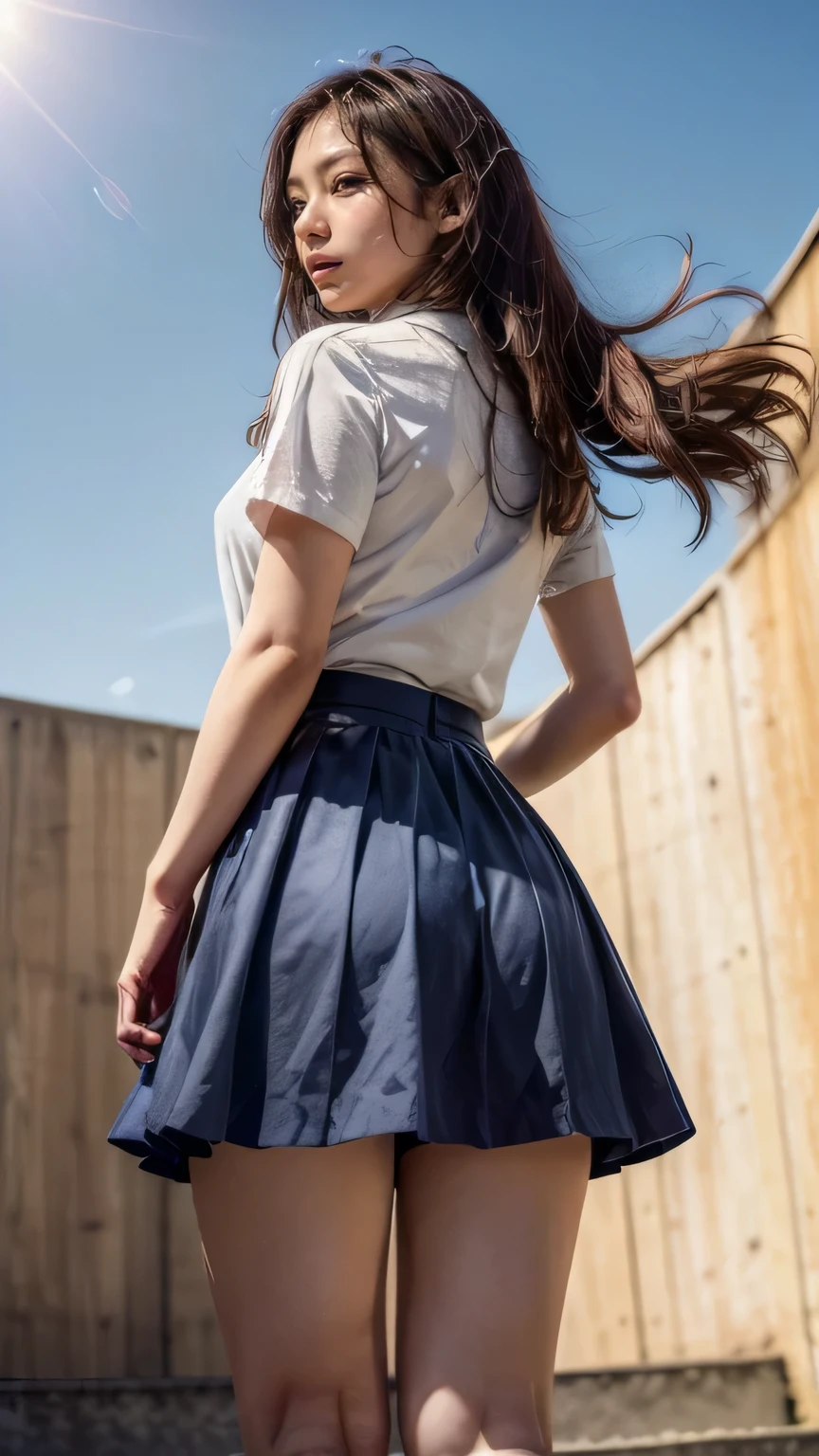 (Climbing the stairs:1.2、Carry a backpack、Stick your butt out)、((White blouse、(Wearing a navy blue long skirt:1.3、Circular skirt))、(Rear View、View from directly below)、(Realistic、Like a photograph、Live Action、8k, Realistic, RAW Photos, Best image quality: 1.4), Single-lens reflex camera、RAW Photos, Highest quality, Realistic, Highly detailed CG Unity 8k wallpaper, Written boundary depth, Cinematic Light, Lens flare, Ray Tracing, Realistic background、((ultra high density skin))、 after school、(whole body:1.5)、Long Hair 1.2、Hair blowing in the wind:1.4)、I like that style、stylish、Very detailed、Pay attention to the details、Perfect outfit、(Sunburned skin)、Rear View、Accurate hands、Accurate legs、Detailed hands and fingers、Anatomically correct body、Thin legs、Thin thighs、Small breasts、Very detailedな顔