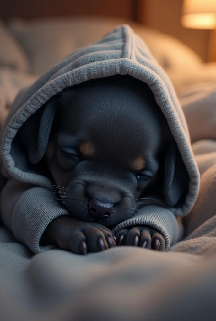 A shy floppy eared puppy colored Dark Blue, wearing a gray grey hoodie, the hood down, resting on his shoulders.