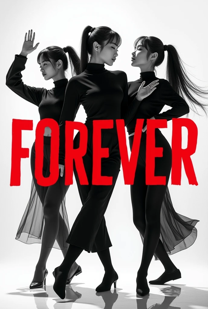 Three Korean female kpop dancers in black and white theme with big letters in the middle saying forever in red