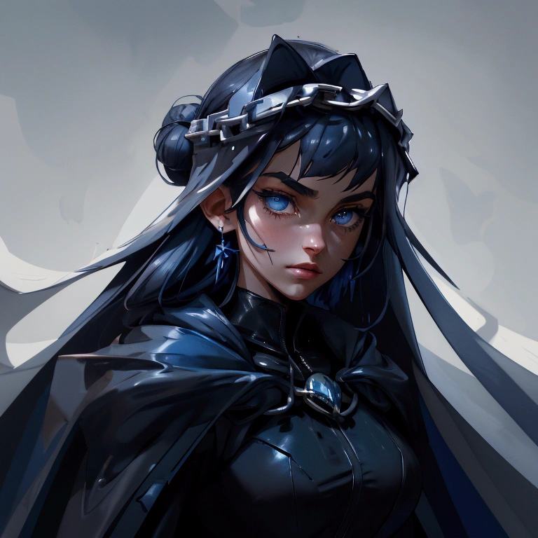 envision a 8k, highres, cinematic, close up beautiful portrait of an Big tall girl named Kronii Ouro with long dark blue hair in a bun, blue eyes, wrapped in chains, wearing a tight black superhero suit with a long flowing blue cape, a black helmet mask against a dark background