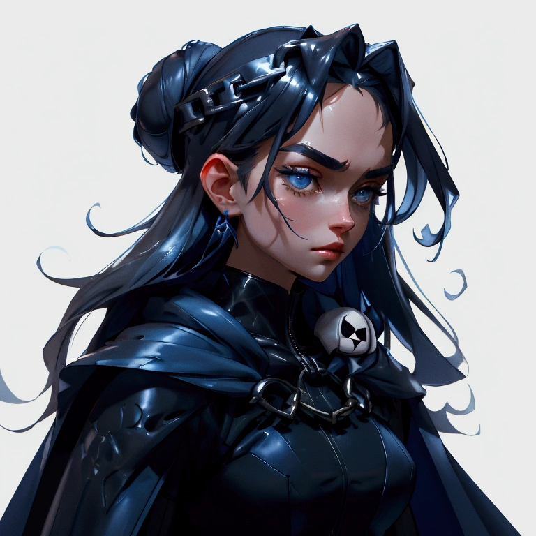 envision a 8k, highres, cinematic, close up beautiful portrait of an Big tall girl named Kronii Ouro with long dark blue hair in a bun, blue eyes, wrapped in chains, wearing a tight black superhero suit with a long flowing blue cape, a black helmet mask against a dark background