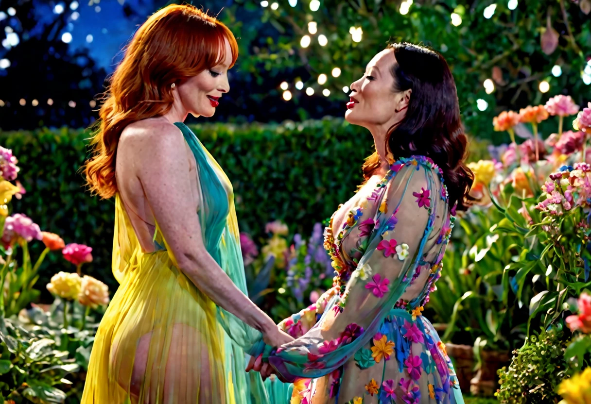 a detailed photo of Christina Rene Hendricks in a sheer colorful gown without underwear, is making out (kissing, hugging, touching, caressing, flirting) with Lucy Liu in a sheer colorful gown no underwear in a candy land garden in full bloom on a moonlit night, inviting viewer to join them, mainly viewed from low angle to the side, best quality,4k,8k,highres,masterpiece:1.2,ultra-detailed,realistic,photo-realistic:1.37,HDR,UHD,studio lighting,ultra-fine painting,sharp focus,physically-based rendering,extreme detail description,professional,vivid colors,bokeh,portrait
