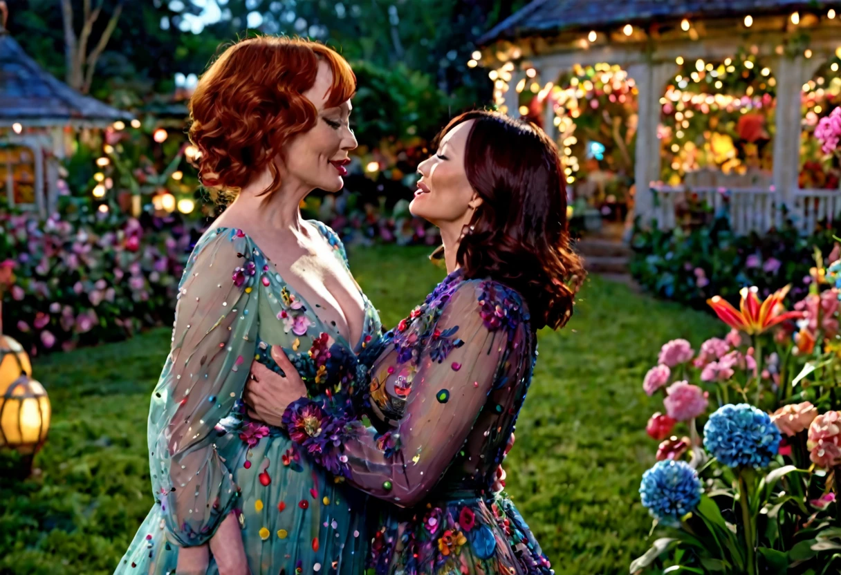 a detailed photo of Christina Rene Hendricks in a sheer colorful gown without underwear, is making out (kissing, hugging, touching, caressing, flirting) with Lucy Liu in a sheer colorful gown no underwear in a candy land garden in full bloom on a moonlit night, inviting viewer to join them, mainly viewed from low angle to the side, best quality,4k,8k,highres,masterpiece:1.2,ultra-detailed,realistic,photo-realistic:1.37,HDR,UHD,studio lighting,ultra-fine painting,sharp focus,physically-based rendering,extreme detail description,professional,vivid colors,bokeh,portrait