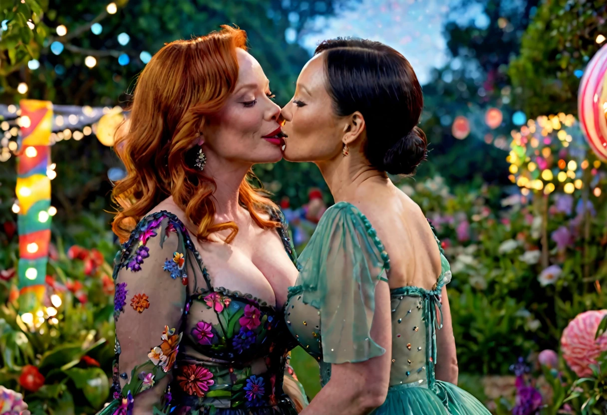a detailed photo of Christina Rene Hendricks in a sheer colorful gown without underwear, is making out (kissing, hugging, touching, caressing, flirting) with Lucy Liu in a sheer colorful gown no underwear in a candy land garden in full bloom on a moonlit night, inviting viewer to join them, mainly viewed from low angle to the side, best quality,4k,8k,highres,masterpiece:1.2,ultra-detailed,realistic,photo-realistic:1.37,HDR,UHD,studio lighting,ultra-fine painting,sharp focus,physically-based rendering,extreme detail description,professional,vivid colors,bokeh,portrait
