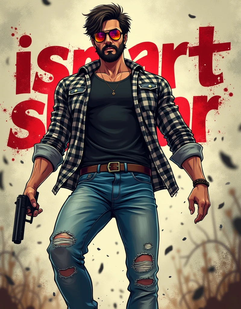 "Create a anime style landscape long shoot image". Dramatic, dynamic anime poster. The anime style layout features a central figure, "a handsome man with a beard" and "reflection colourfull sunglass", standing with arms outstretched and one hand holding pistol against a grungy, textured background. He has a fair skin tone and is dressed in a black white mix patterned shirt and distressed jeans and "right side leg jeans colour light blue and left side leg jeans colour dark blue". The title 'iSmart Shankar' is displayed top bottom side on the behind him in bold red and white text. The overall design has a rugged, edgy aesthetic.