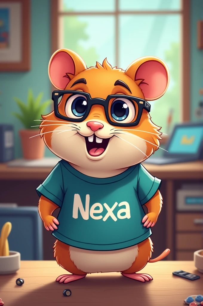 Create an image showing a geeky hamster in a cartoon style. On his t-shirt is written the word nexa.