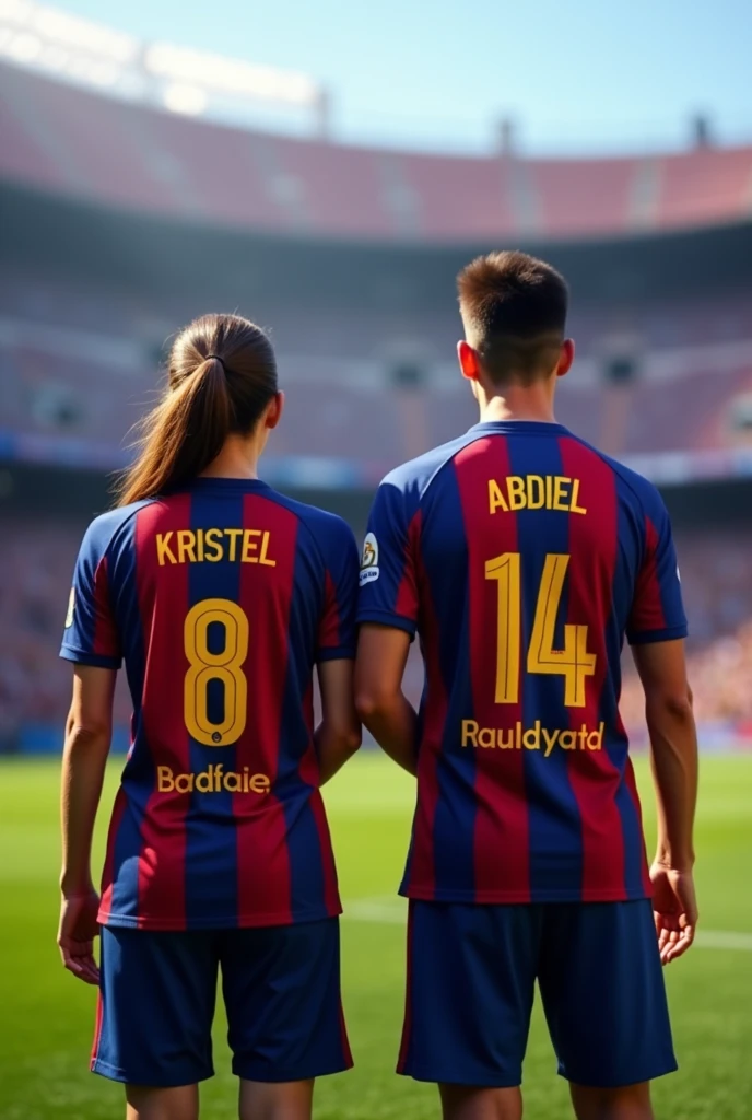 Woman and man from behind looking forward wearing the original Barcelona shirts with the numbers 8 and 14 with the names Kristel and Abdiel with the girl's hair tied to one side and jeans in a football stadium and the man without a beard