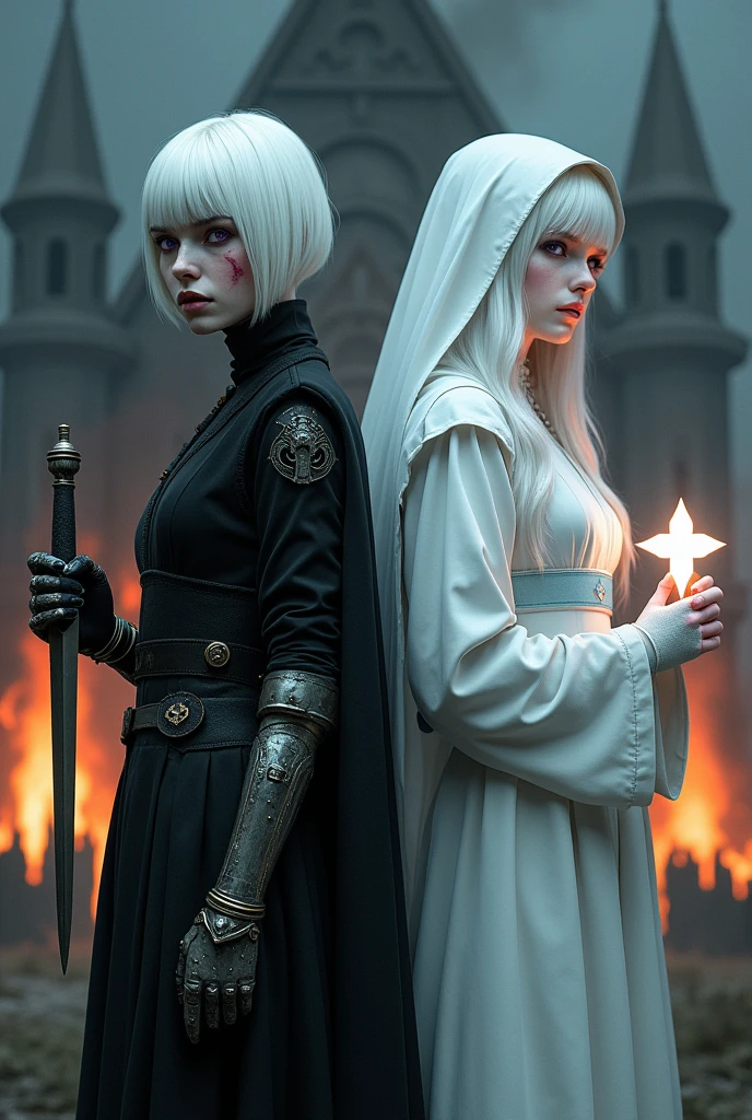 Two albino girls from the Middle Ages standing back to back with violet eyes and white hair, with the one on the left with short hair in dark alchemist clothes and with a steampunk prosthesis with a devilish symbol in her left hand holding a dagger and a cut on her face, and the one on the right in white nun's clothes holding a cross, with a burning church behind, the night.