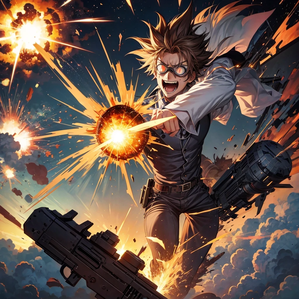 Draw in anime cartoon style, a mad scientist being thrown far away by a not so distant explosion in an incredible scene. Put on goggles and make him look like he&#39;s having fun with the situation with a big smile. 