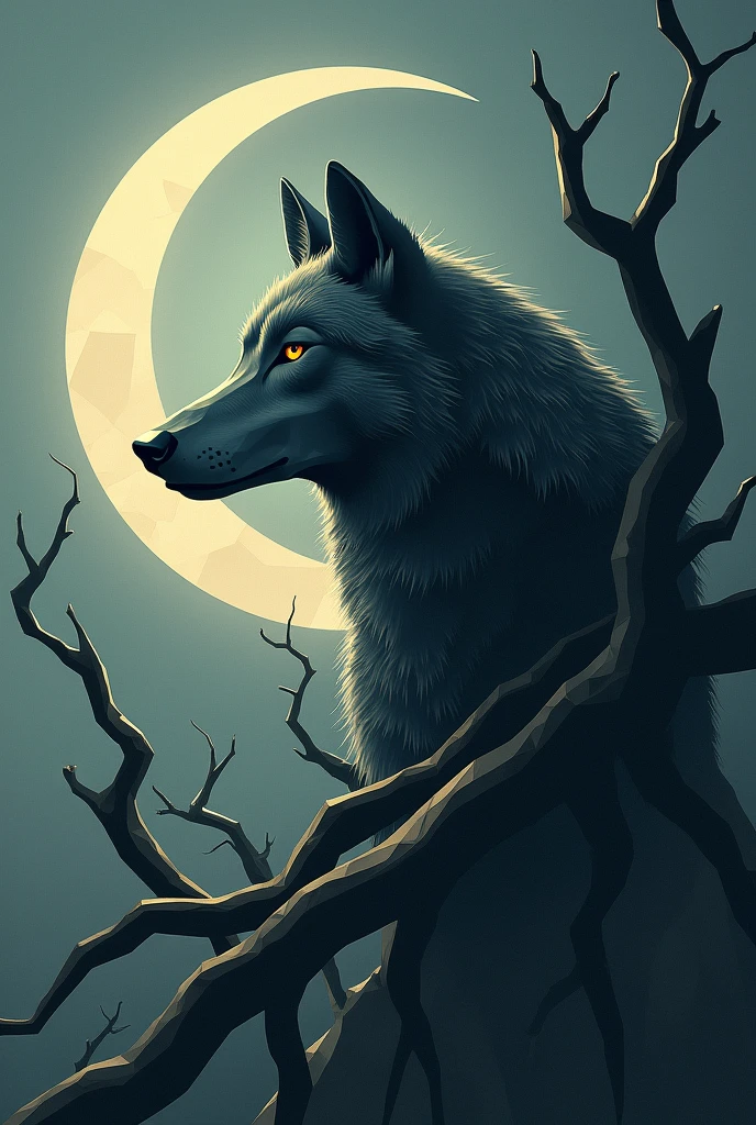 Moon with a wolf's head, geogretric left profile with long tree roots