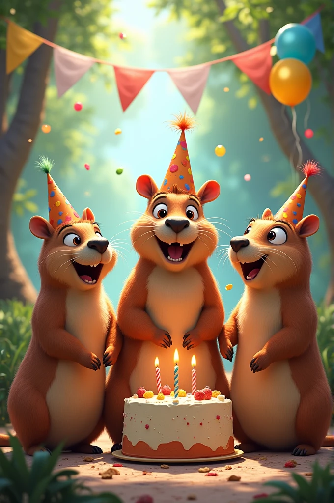 Drawing of happy capybaras celebrating a birthday in Disney Pixar style