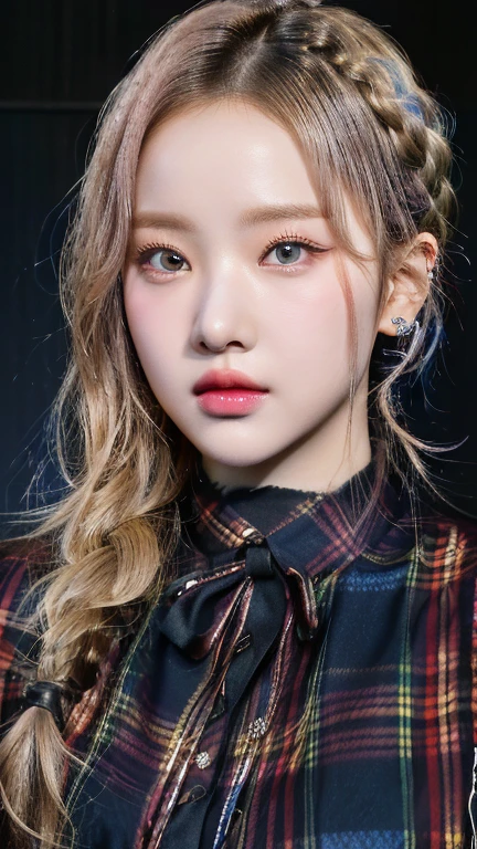 a close up of a woman with a braid in a plaid shirt and blue like eyes, portrait of jossi de blackpink, jossi de blackpink, jia, roseanne park by blackpink, black rose jisoo portrait, korean idol woman portrait, realist. Cheng Yi, Jaeyeon Nam, South Korean popular makeup, Lalisa Manoban of Blackpink, in bowater art style