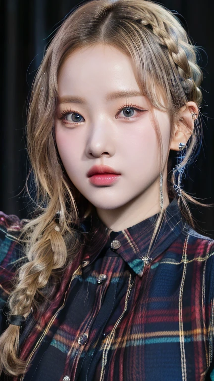 a close up of a woman with a braid in a plaid shirt and blue like eyes, portrait of jossi de blackpink, jossi de blackpink, jia, roseanne park by blackpink, black rose jisoo portrait, korean idol woman portrait, realist. Cheng Yi, Jaeyeon Nam, South Korean popular makeup, Lalisa Manoban of Blackpink, in bowater art style