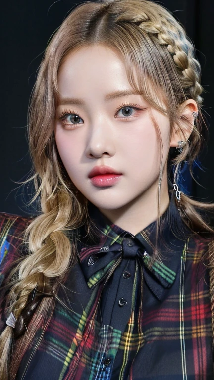 a close up of a woman with a braid in a plaid shirt and blue like eyes, portrait of jossi de blackpink, jossi de blackpink, jia, roseanne park by blackpink, black rose jisoo portrait, korean idol woman portrait, realist. Cheng Yi, Jaeyeon Nam, South Korean popular makeup, Lalisa Manoban of Blackpink, in bowater art style