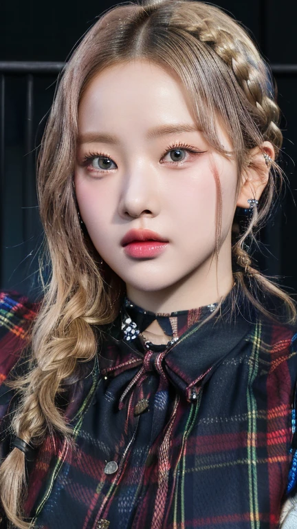 a close up of a woman with a braid in a plaid shirt and blue like eyes, portrait of jossi de blackpink, jossi de blackpink, jia, roseanne park by blackpink, black rose jisoo portrait, korean idol woman portrait, realist. Cheng Yi, Jaeyeon Nam, South Korean popular makeup, Lalisa Manoban of Blackpink, in bowater art style