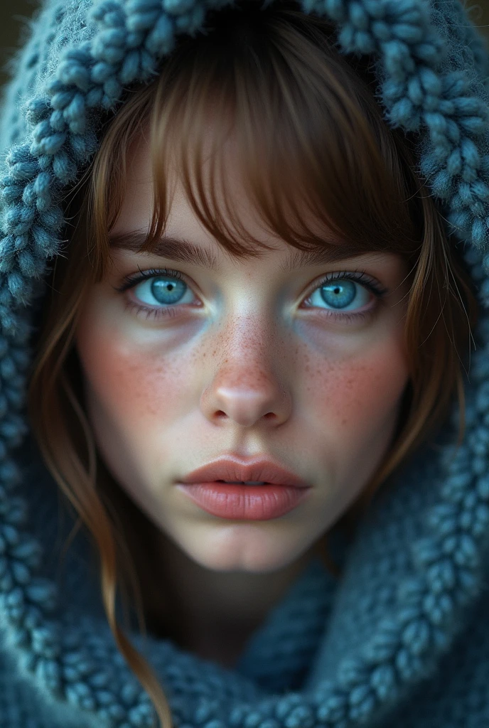 Woman with freckles and blue eyes looking at the camera, cinematic beautiful natural skin, finely detailed perfect face, Beautiful female face, Beautiful face portrait, detailed perfect face, beautiful face portrait, close-up perfect face, Detailed beauty portrait, Detailed beautiful face, Photo of a beautiful woman, soft portrait 8k, perfect face ), beautiful and attractive face