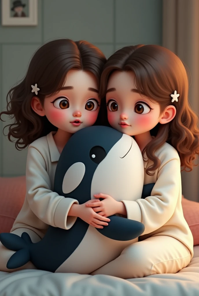 2 woman with very white skin, western, with light brown curly hair, wearing pajamas, hugging a plush orca whale. with a pixar style