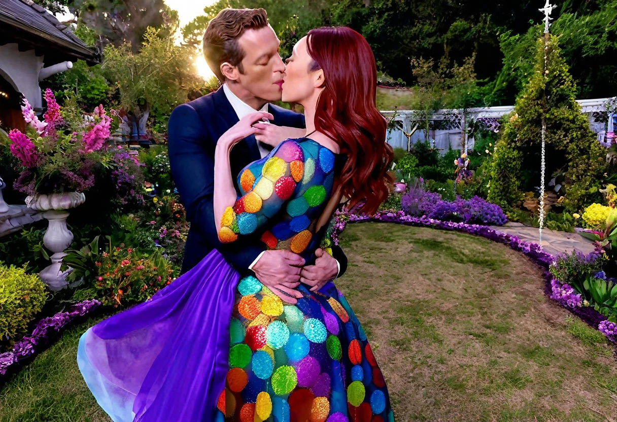 a detailed photo of Christina Rene Hendricks in a sheer colorful gown without underwear, is making out (kissing, hugging, touching, caressing, flirting) with Lucy Liu in a sheer colorful gown no underwear in a candy land garden in full bloom on a moonlit night, inviting viewer to join them, mainly viewed from low angle to the side, best quality,4k,8k,highres,masterpiece:1.2,ultra-detailed,realistic,photo-realistic:1.37,HDR,UHD,studio lighting,ultra-fine painting,sharp focus,physically-based rendering,extreme detail description,professional,vivid colors,bokeh,portrait
