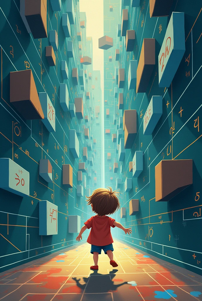 an image, that it be a child in a mathematical maze that has the phrase PLIM ,