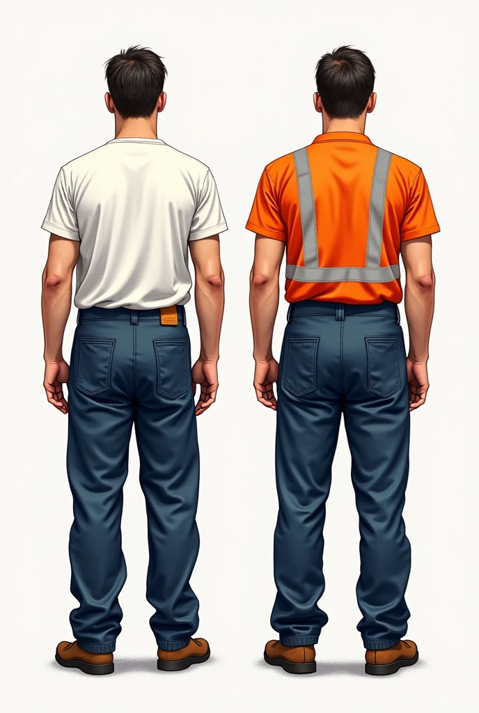 Drawings of people from the front and back wearing safety clothing, a t-shirt and navy blue pants that they use in the Quilmes brewery and malt house 