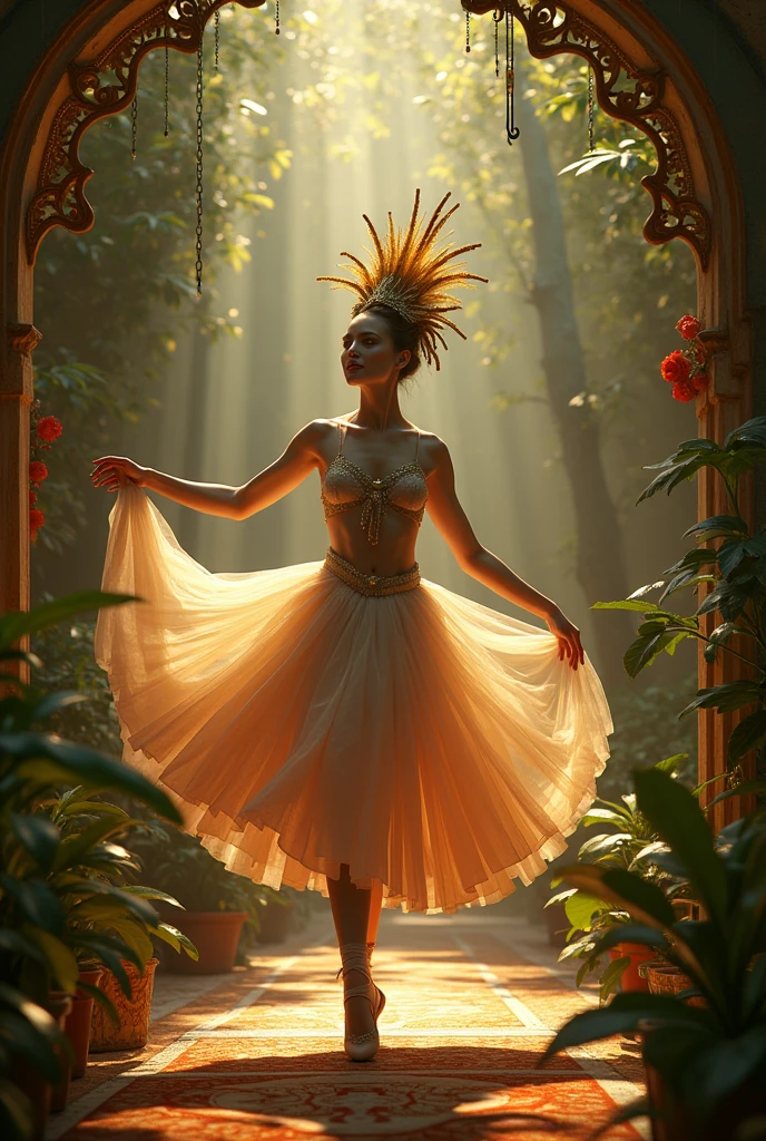 Carnival Fantasy, Rio de Janeiro Ballerina Featured Style, white-skinned, con el tema orisha oko, that has brown as its main colors, the green and the gold