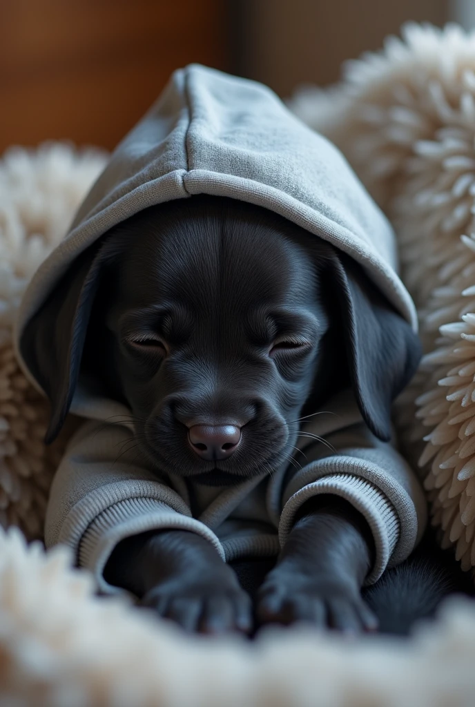 A shy floppy eared puppy colored Dark Blue, wearing a gray grey hoodie, the hood down, resting on his shoulders.