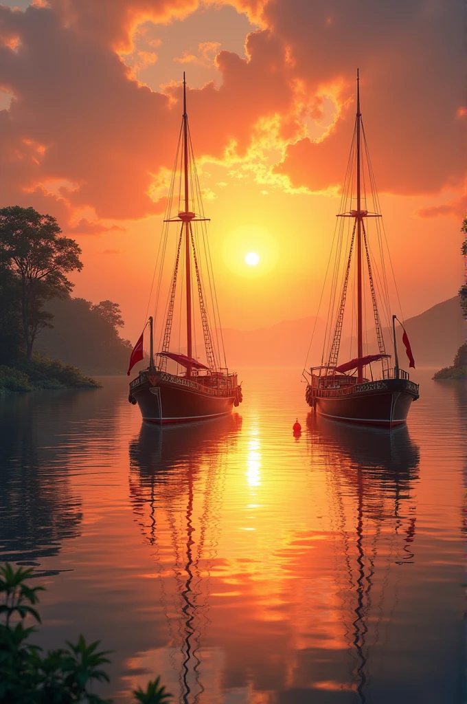 Create image of a sunset in my river with anchored boats 