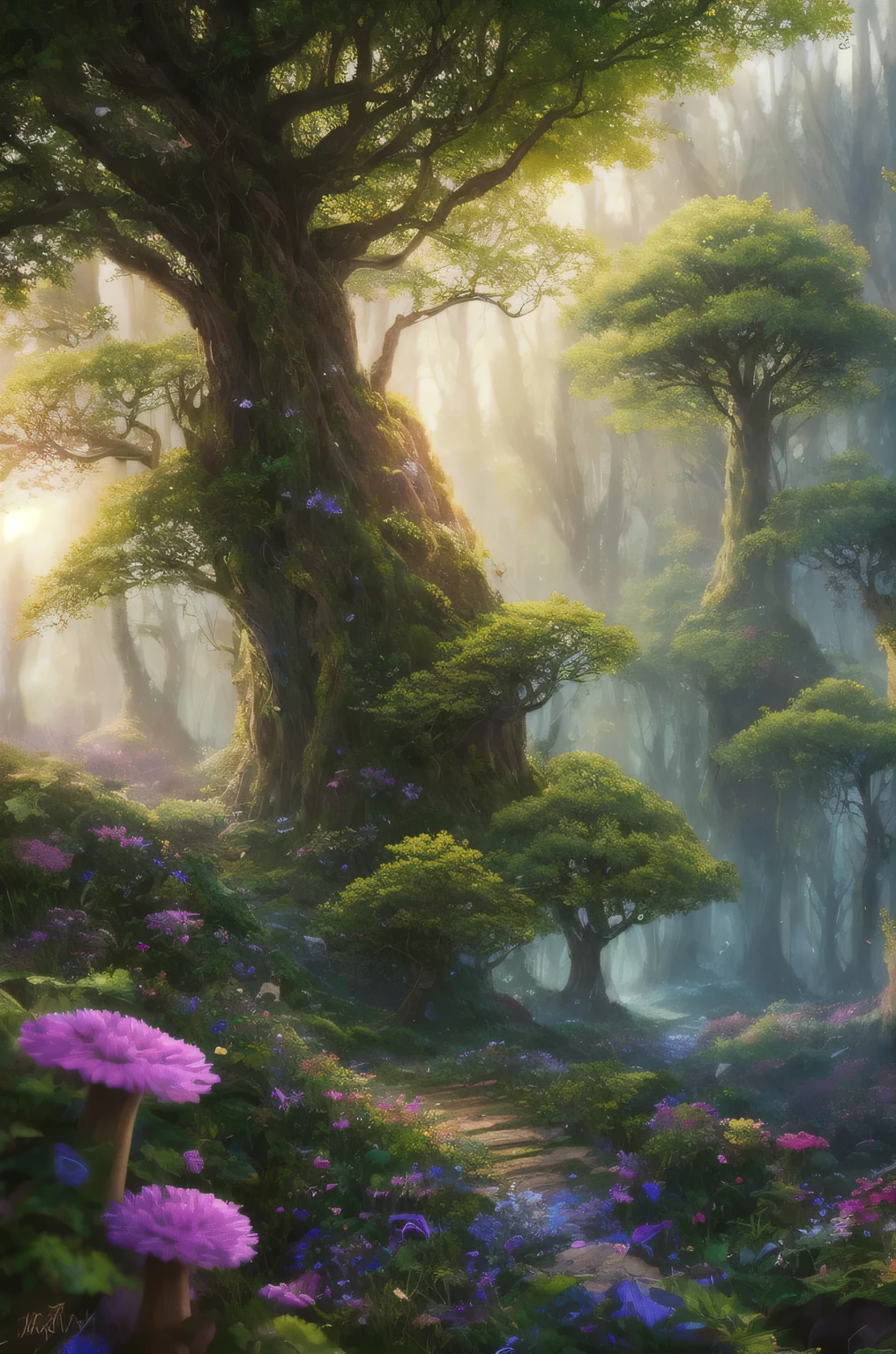 masterpiece, best quality, high quality,extremely detailed CG unity 8k wallpaper, An enchanting and dreamy scene of a fantasy forest, with towering trees, glowing mushrooms, and hidden fairy glens, creating a sense of mystique and enchantment, artstation, digital illustration, intricate, trending, pastel colors, oil paiting, award winning photography, Bokeh, Depth of Field, HDR, bloom, Chromatic Aberration ,Photorealistic,extremely detailed, trending on artstation, trending on CGsociety, Intricate, High Detail, dramatic, art by midjourney