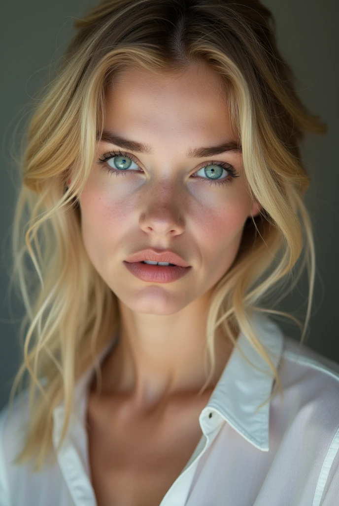 Imagine une jeune femme blonde au yeux bleu que regarde la caméra