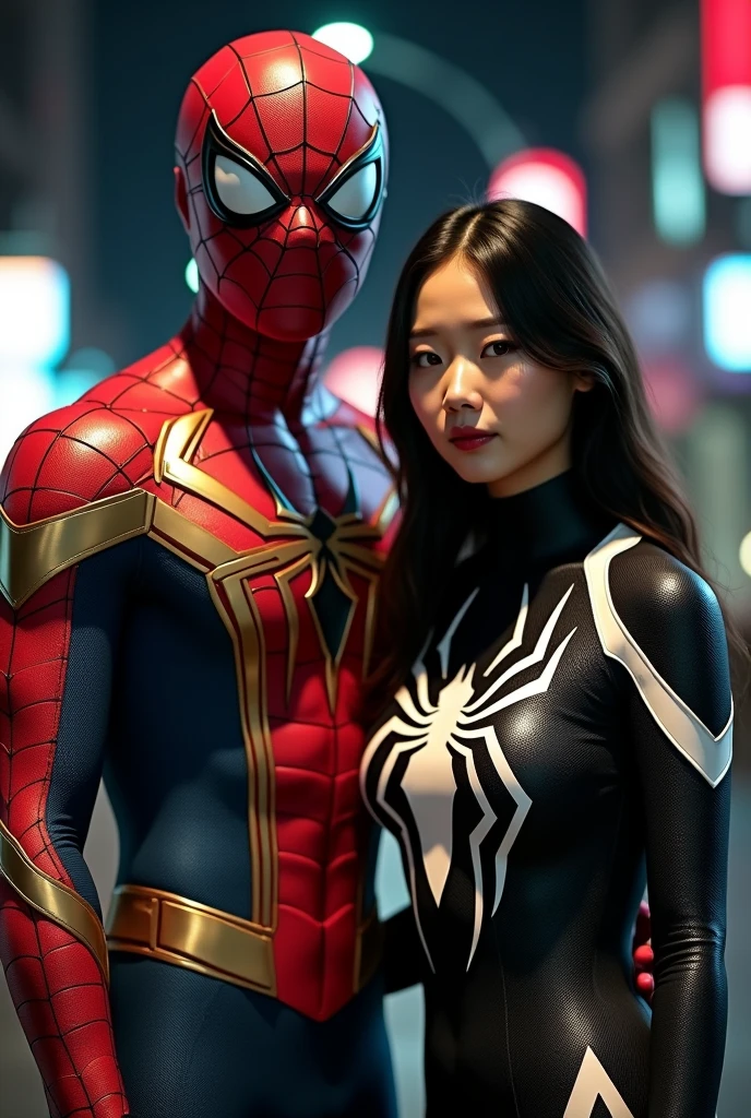 Create an image where a Korean man wears a red and gold Iron Spiderman suit and a Korean woman wears a black and white Spiderman suit., only half of their bodies are visible, and the background is night, that only half of her body is visible, that she is shorter than him


