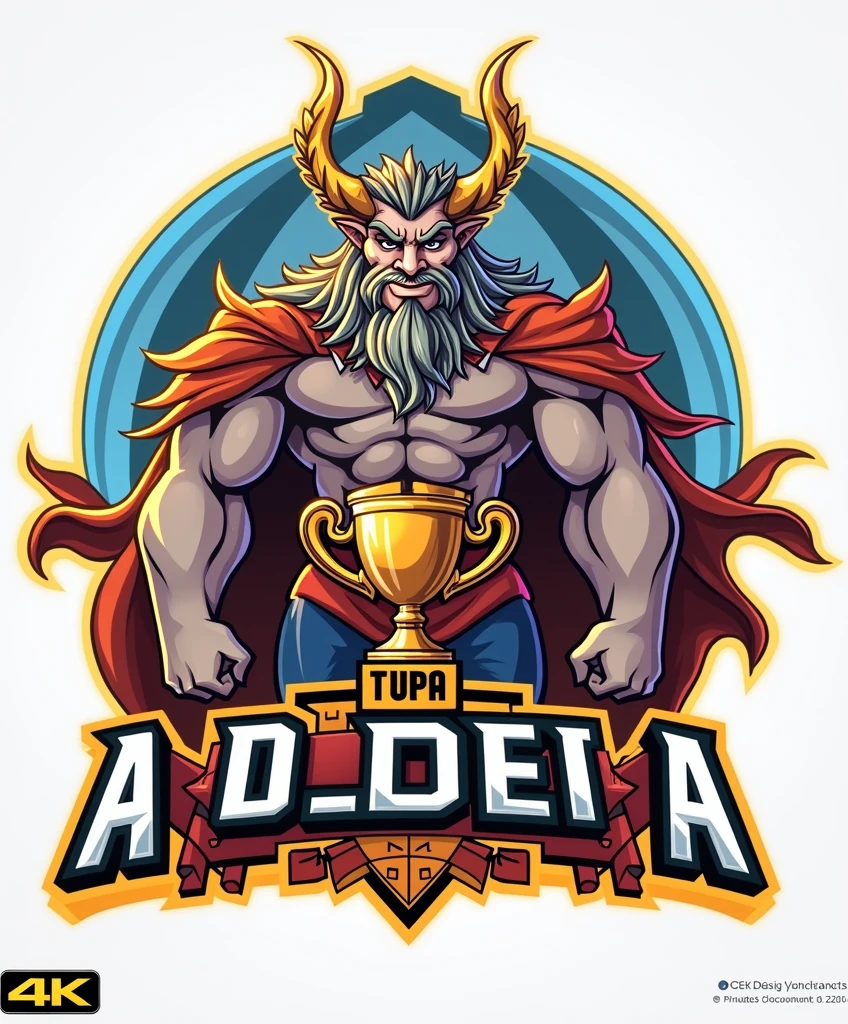 a sports logo with the name ALDEIA, with a mascot of the thunder god Tupã holding a trophy with "GOAT" written inside, detailed, epic, powerful, dynamic, cinematic, masterpiece, 4k, 8k, hyper-detailed, highly realistic, photorealistic, dramatic lightning, intense colors, muscular male figure, flowing cape, determined expression, laurel wreath, gold trophy, bold typography, dynamic composition