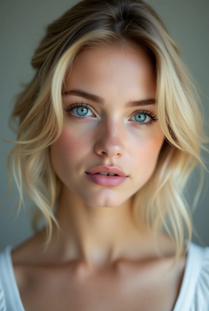 Imagine une jeune femme blonde au yeux bleu que regarde la caméra 